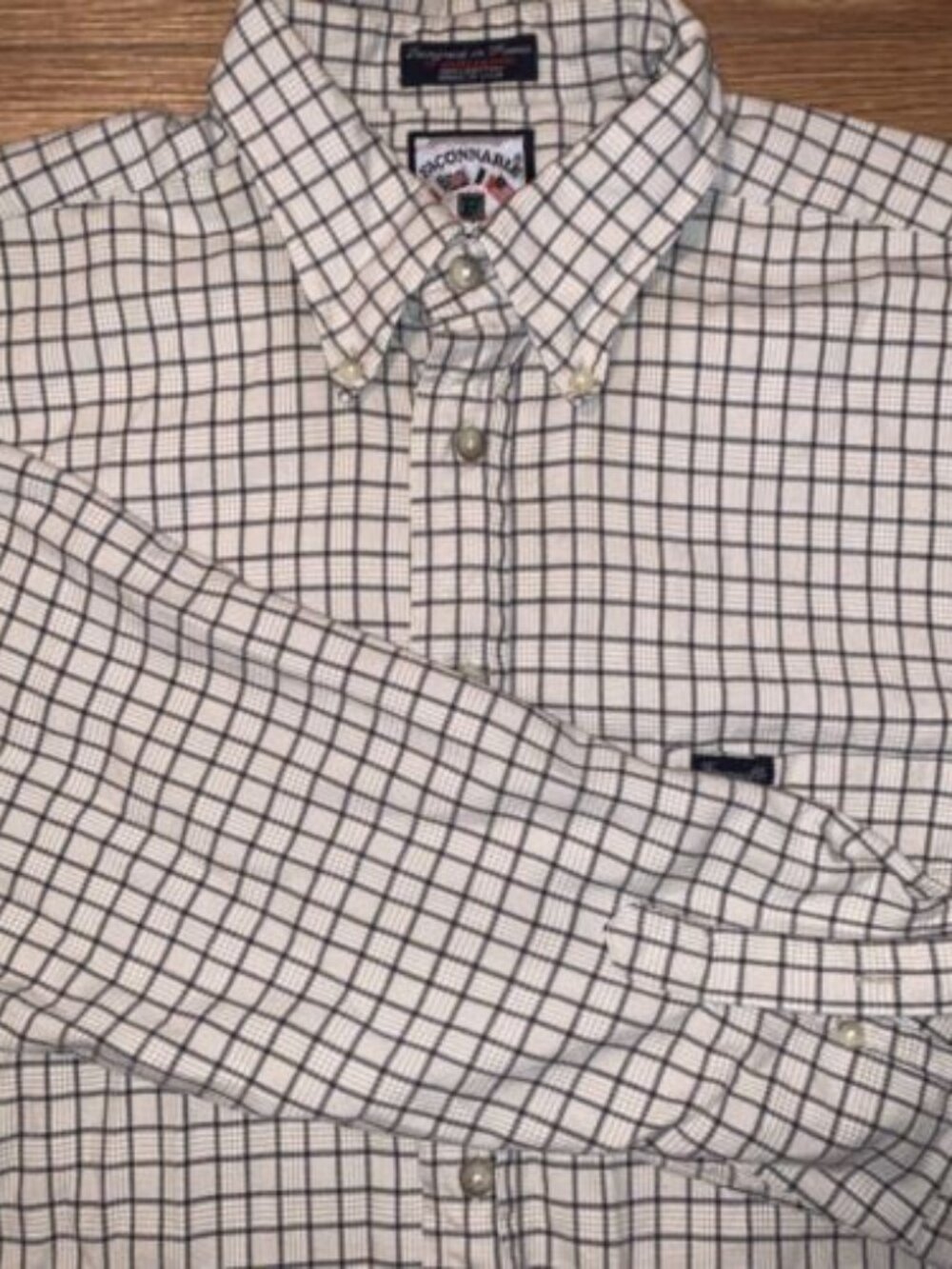 FACONNABLE Large Button Up Shirt Beige Check Mens Large USA Casual Logo